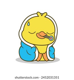 Cartoon cute duck sick with blanket Vector Illustrations,Animals,Medical.