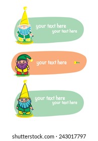 cartoon cute dwarves standing on the background color strips for text where you can write your text