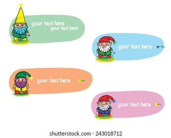 cartoon cute dwarves standing on the background color strips for text where you can write your text