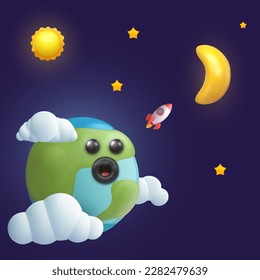 Cartoon cute earth planet character on space with rocket, moon, sun and stars in 3d realistic minimal style. Bright funny vector illustration. Vivid design composition for cover, toy, card, poster.