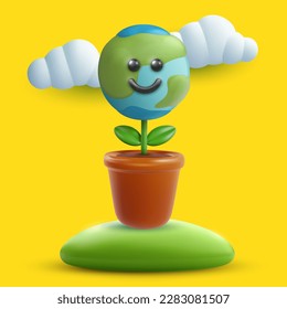 Cartoon cute earth planet character with clouds and plant pot in 3d realistic minimal style. Bright funny vector illustration. Vivid design composition for cover, toy, card, poster.