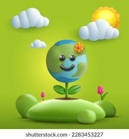 Cartoon cute earth planet character with plant, flower, green hill, clouds and sun in 3d realistic minimal style. Bright funny vector illustration. Vivid design composition for cover, card, poster.