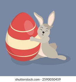 Cartoon cute Easter bunny with a big egg.Vector flat illustration.