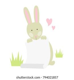 Cartoon cute Easter bunny with hearts and paper list around grass isolated on white background.  Illustration for design card of the Easter, scrapbook or party