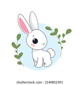 Cartoon cute easter bunny sits on the background of a circle and green branches. Children's drawing of a hare. spring Easter holiday. Vector illustration of animal character in cartoon childish style.