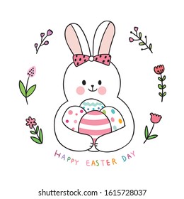 Cartoon cute Easter day rabbit and colorful eggs and flower vector.