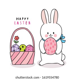 Cartoon cute Easter day rabbit and colorful eggs in basket vector.