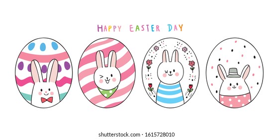 Cartoon cute Easter day rabbits and colorful eggs vector.