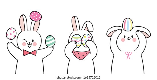 Cartoon cute Easter day rabbits and colorful eggs set vector.