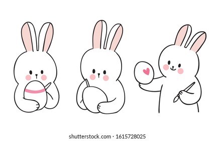 Cartoon cute Easter day rabbits painting colorful egg set vector.