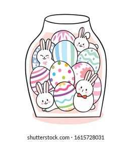 Cartoon cute Easter day rabbits and colorful eggs in bottle vector.