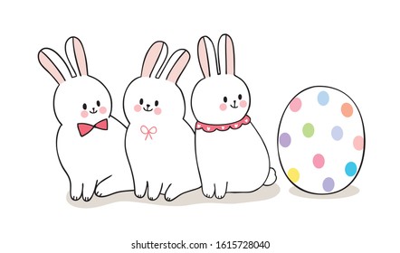 Cartoon cute Easter day rabbits and colorful big egg vector.