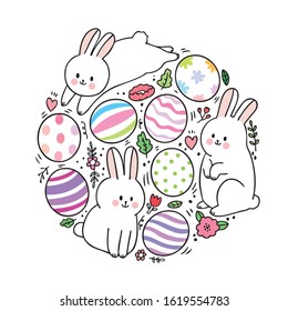 Cartoon cute Easter day rabbits and colorful eggs in circle frame vector.