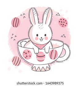 Cartoon cute Easter Day, White rabbit and coffee cup vector.