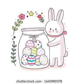 Cartoon cute Easter Day, White rabbit and sweet egg in glass bottle vector.