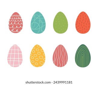 Cartoon cute Easter Eggs collection in pastel colors with different patterns. Isolated vector eggs. Vector illustration in flat style for greeting card, invitation template, poster, background.