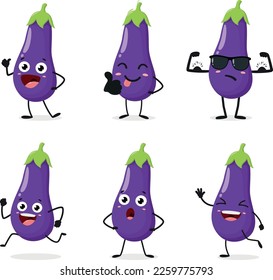 Cartoon cute eggplant with different expression