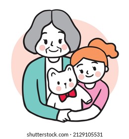 Cartoon cute elderly woman hug girl and bear doll vector.