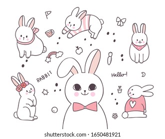 Cartoon cute elements adorable rabbit actions vector.