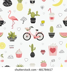 Cartoon cute elements. Seamless pattern. All elements are  hidden under mask. Pattern are not cropped and can be edited. Cute vector illustration.