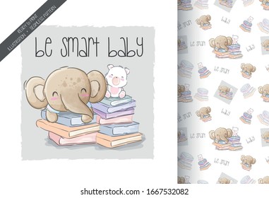 cartoon cute elephant with cat be smart seamless pattern