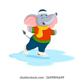Cartoon cute elephant character on ice skates. African fauna kid funny isolated vector character, zoo or circus animal cute personage. Elephant ice skating child cheerful mascot or happy personage