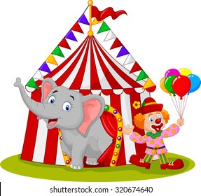 Cartoon cute elephant and clown with circus tent