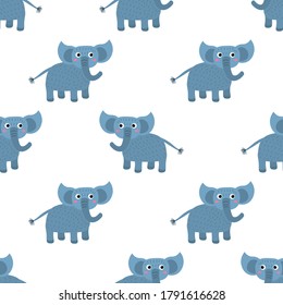 Cartoon cute elephant in flat style seamless pattern. Childlike style animal background. Vector illustration.  