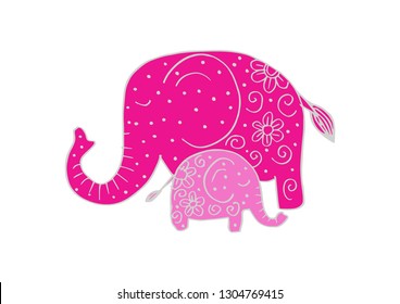 Cartoon cute elephant mom with elephant child.