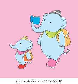 Cartoon cute elephants go to school vector.