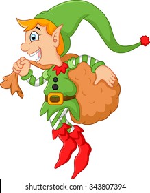 Cartoon cute elf boy with sack