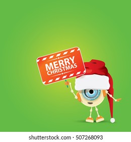 Cartoon Cute elf Robot with merry christmas santa claus red hat. funky kids merry christmas card design template or background