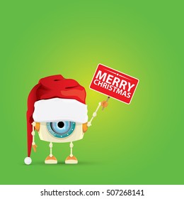 Cartoon Cute elf Robot with merry christmas santa claus red hat. funky kids merry christmas card design template or background