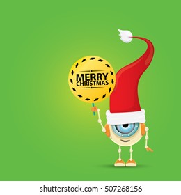 Cartoon Cute elf Robot with merry christmas santa claus red hat. funky kids merry christmas card design template or background