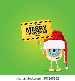 Cartoon Cute elf Robot with merry christmas santa claus red hat. funky kids merry christmas card design template or background
