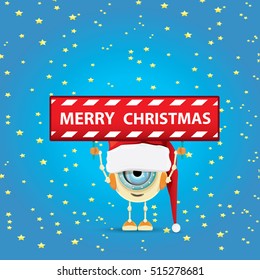 Cartoon Cute elf Robot with merry christmas santa claus red hat. funky kids merry christmas card design template or background