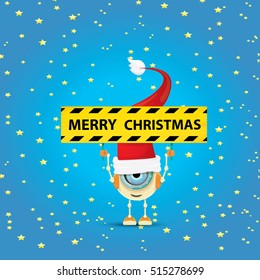 Cartoon Cute elf Robot with merry christmas santa claus red hat. funky kids merry christmas card design template or background