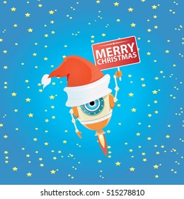 Cartoon Cute elf Robot with merry christmas santa claus red hat. funky kids merry christmas card design template or background