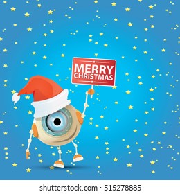 Cartoon Cute elf Robot with merry christmas santa claus red hat. funky kids merry christmas card design template or background