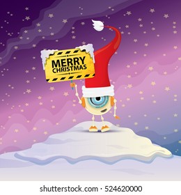 Cartoon Cute elf Robot with merry christmas santa claus red hat. funky kids merry christmas card design template or background