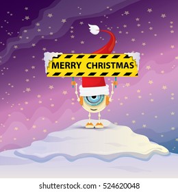 Cartoon Cute elf Robot with merry christmas santa claus red hat. funky kids merry christmas card design template or background