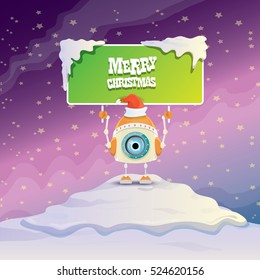 Cartoon Cute elf Robot with merry christmas santa claus red hat. funky kids merry christmas card design template or background
