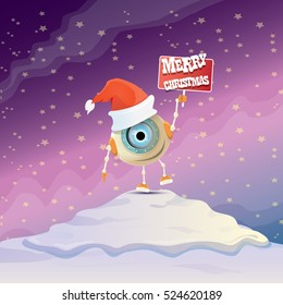 Cartoon Cute elf Robot with merry christmas santa claus red hat. funky kids merry christmas card design template or background