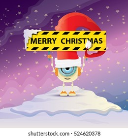 Cartoon Cute elf Robot with merry christmas santa claus red hat. funky kids merry christmas card design template or background