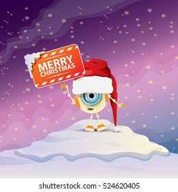 Cartoon Cute elf Robot with merry christmas santa claus red hat. funky kids merry christmas card design template or background