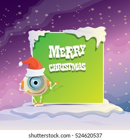 Cartoon Cute elf Robot with merry christmas santa claus red hat. funky kids merry christmas card design template or background