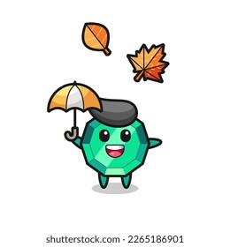 Cartoon des süßen Smaragdgemeinsteins, der im Herbst einen Regenschirm hält , süßes Design für T-Shirt, Aufkleber, Logo-Element