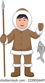 Cartoon Cute Eskimo Boy Catching Fish With A Spear