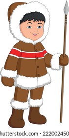 Cartoon Cute Eskimo Boy With A Spear