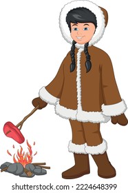 Cartoon cute Eskimo girl grilling meat on fire